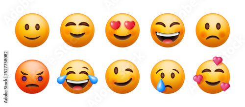 3D Set of Emoticons Isolated. Round Yellow Faces with Various Emotions and Expression. Tear Smile Sad Love Happy Unhappy Like Lol Angry Wink Laughter Emoji Character Collection. Vector Illustration