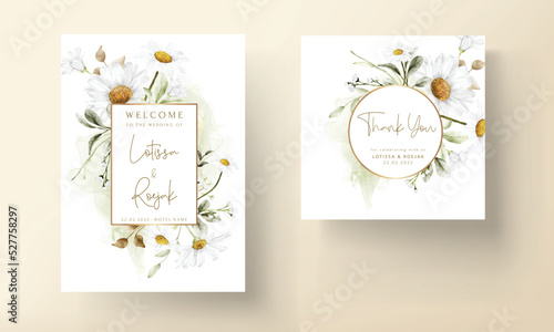 Modern wedding invitation template with vintage daisy flower