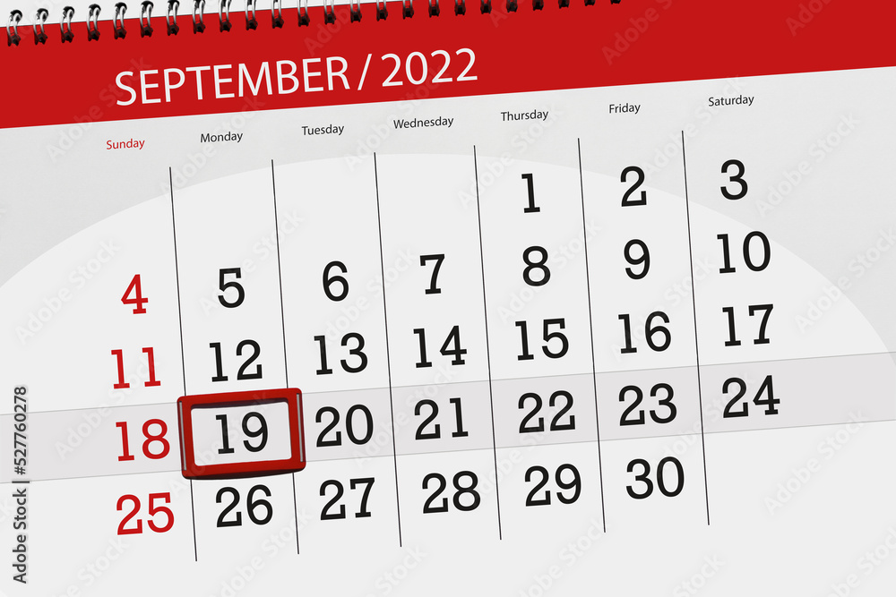 Calendar planner for the month september 2022, deadline day, 19, monday - obrazy, fototapety, plakaty 