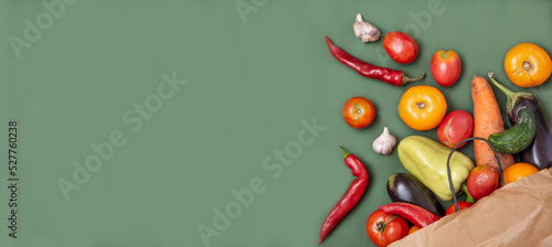 Trendy ugly organic vegetables. Assortment fresh bell peppers, tomatoes, eggplants, hot peppers, carrots, cucumbers in craft paper bag over green background. Top view. Non gmo. Banner with copy space