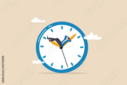 Wasted time, procrastination or slow life, lazy to work, low productivity or efficiency, self discipline problem, tired or no motivation concept, lazy businessman sleeping on the time running clock.