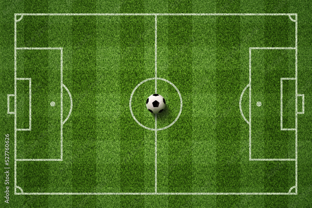 Soccer field or Football field with soccer ball on green grass background Soccer field or Football field with soccer ball on green grass background