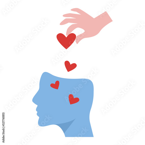 Mental health concept, head silhouette with hearts, psycho therapy, therapist, medicine vector