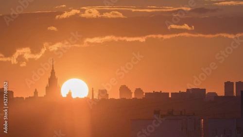 stunning sunset over Moscow on a telephoto lens