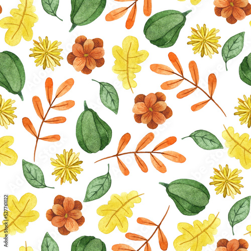 watercolor seamless pattern with autumn leaves  pumpkins and flowers. cute print on the theme of autumn  halloween  thanksgiving.