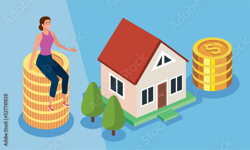 woman in coins and house