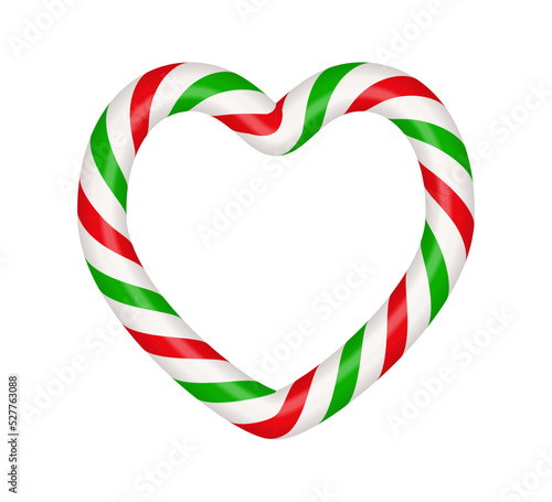 Christmas candy cane heart frame with red and green striped. Xmas border with striped candy lollipop pattern. Blank christmas and new year template. Vector illustration isolated on white background.