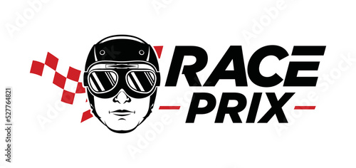 Man head wearing glasses with helmet protection for race sport with victory flag sign symbol icon logo vector