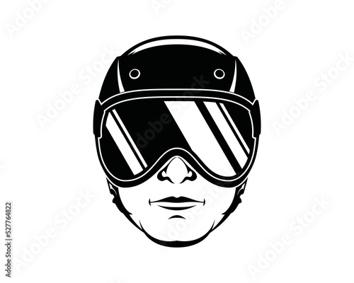 Man head wearing glasses with helmet protection for race sign symbol icon logo vector