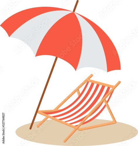 beach umbrella and wooden deck chair drawing isolated on transparent  background 