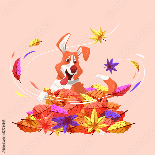 Cartoon dog is playing in a pile of fallen leaves. Corgi.