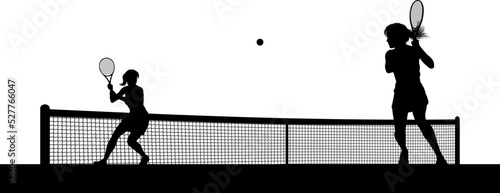 Tennis match silhouette scene with women players playing across net scene