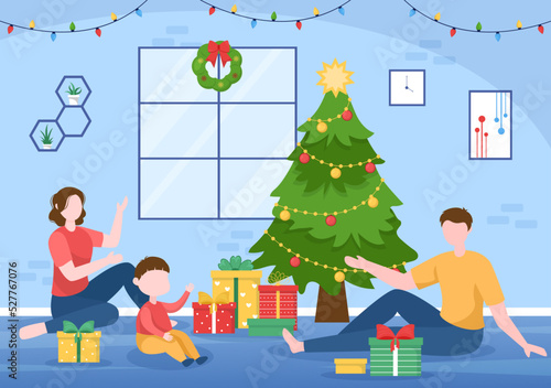 Merry Christmas and Happy New Year Template Hand Drawn Cartoon Flat Background Illustration with with People Celebrating, Snowman and Winter Landscape