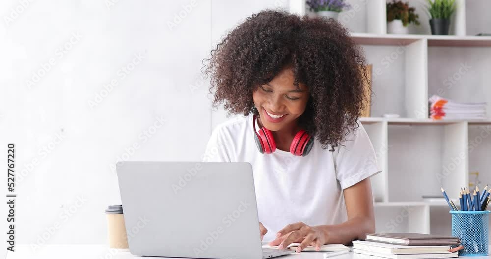 Hispanic african american girl college student using laptop computer watching distance online learning seminar class, university student Young Asian freelancer enjoying remote job in laptop 4k footage Hispanic african american girl college student using laptop computer watching distance online learning seminar class, university student Young Asian freelancer enjoying remote job in laptop 4k footage