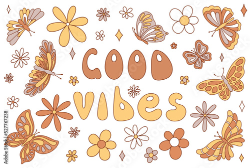 70s retro groovy set with vintage boho butterfies, daisy flowers and lettering good vibes. Vector illustration photo