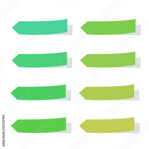 Collection of sticky notes. Arrow tabs. Place stickers for notes. Green sheets of sticky paper. Vector graphic.