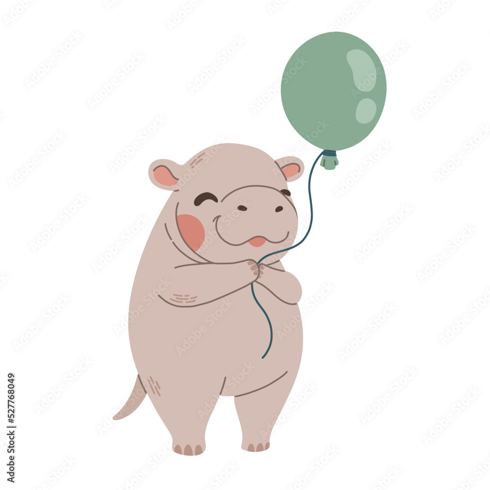Naklejka premium Cute little hippo with green balloon kids vector