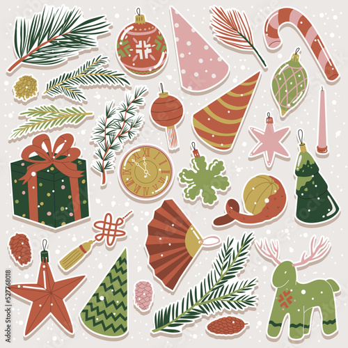 A set of festive decor for the new year and christmas. Winter stickers for diary, phone and laptop decor. Clip art for creating postcards and holiday compositions. Flat style in vector illustration.