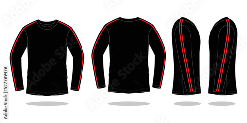 Black Long Sleeve T-Shirt with Red Double Line Design on White Background. Front and Back Views, Vector File.