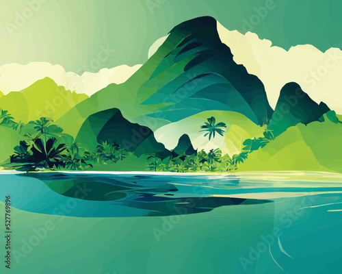 Abstract illustration of an island with a volcano. green and blue colour scheme. Holiday mood