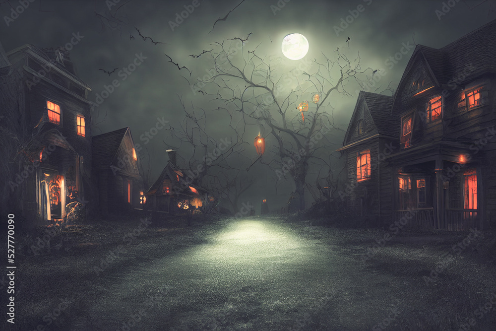 3D illustration of a Halloween concept background of realistic horror house  and creepy street with moonlight. Stock Illustration | Adobe Stock