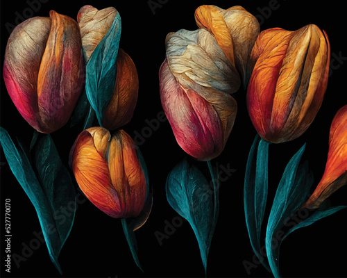 Watercolour painting of tulips on a black background. Elegant digital illustration.