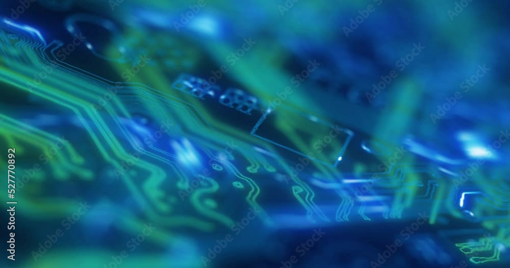 Ai computer hardware, tech and futuristic technology of a pc with neon lights, coding and big