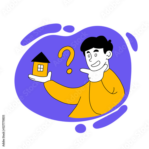 Vector illustration of man with a small house. Rental contract, rent, real estate, buy property, purchase, accomodation home, flat, apartment, question mark. Business concept. Flat drawing style EPS10