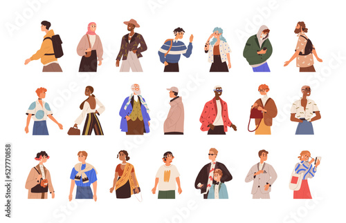 Different modern people set. Happy casual men, women going for diverse businesses. Smiling trendy citizens characters in action, motion. Flat vector illustrations isolated on white background