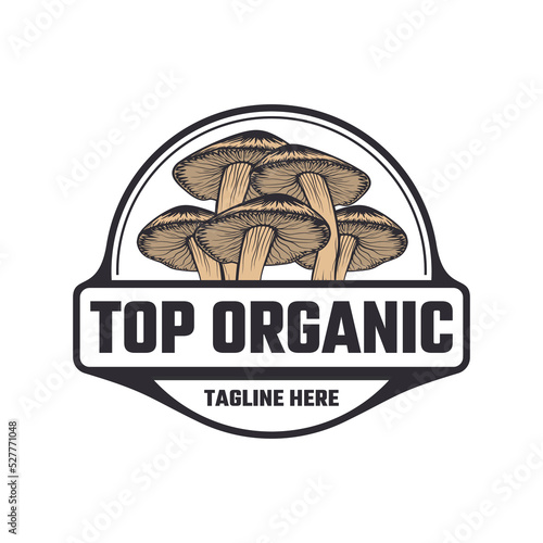 Circular mushroom logo emblem vintage style, Organic hand drawn mushroom farming logo or mushroom cultivation logo badge
