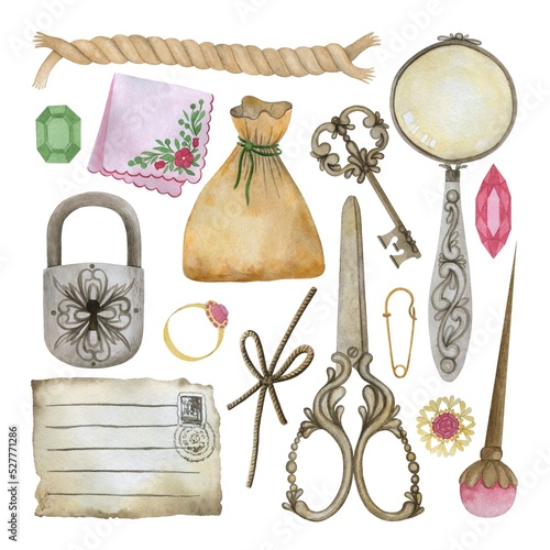 WATERCOLOR SET OF VINTAGE OBJECTS ON A WHITE BACKGROUND