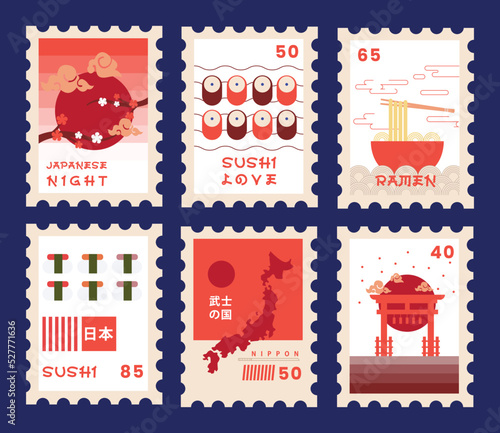 Vector illustration of Japanese Food Cuisine consisting of sushi, ramen noodles and more.