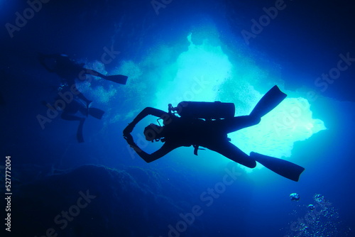 Scuba diving at Blue Hole in Palau. Diving on the reefs of the Palau archipelago.
