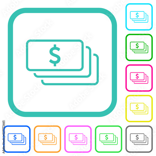 American dollar banknotes outline vivid colored flat icons