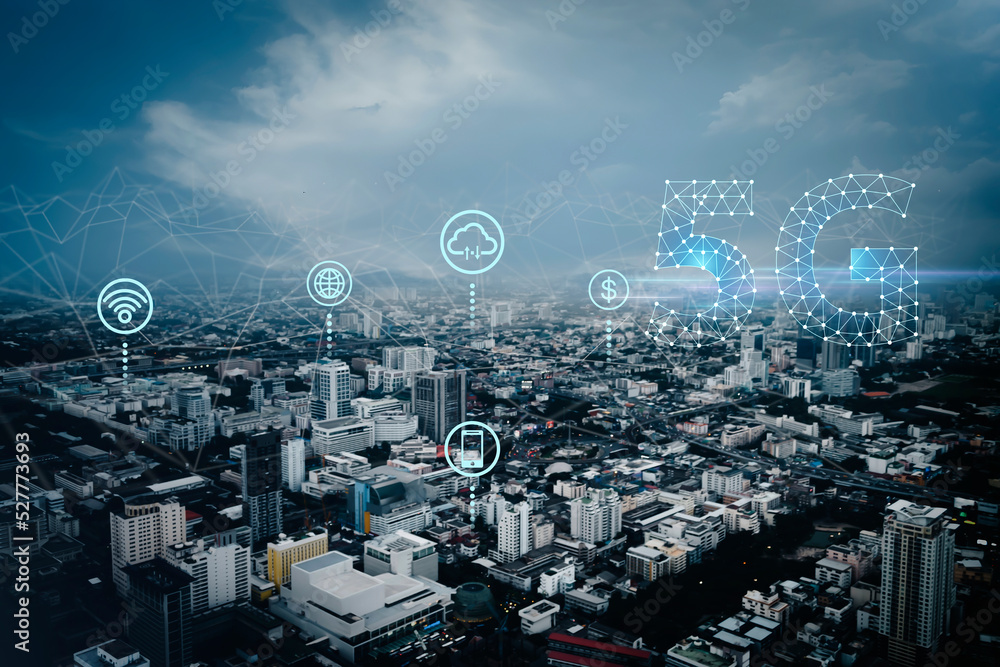 Communication and internet networks connect in smart city. Concept of 5G wireless digital connection and internet of things future Communication and internet networks connect in smart city. Concept of 5G wireless digital connection and internet of things future