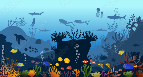 coral reefs, of fish and marlin silhouettes on blue sea background. Panoramic underwater sea Vector illustration 