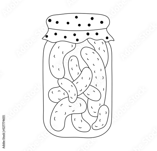 Vector isolated one glass jar with pickles with cloth with black polka dots on top colorless black and white contour line drawing
