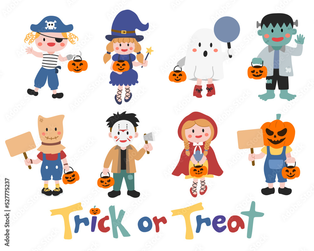 Cartoon kids character in Halloween costumes. Trick or Treat. Vector illustration.