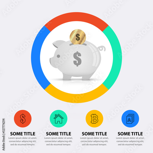 Infographic template. A piggy bank for savings with pie for diversification
