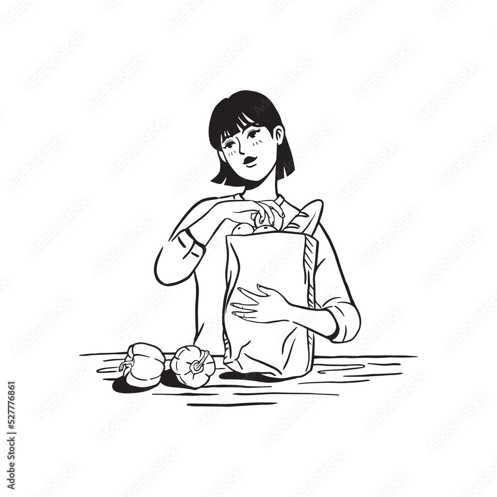 Beautiful young woman with vegetables in grocery bag at home. line drawing girl hold grocery bag. Beautiful young woman with vegetables in grocery bag at home. line drawing girl hold grocery bag.