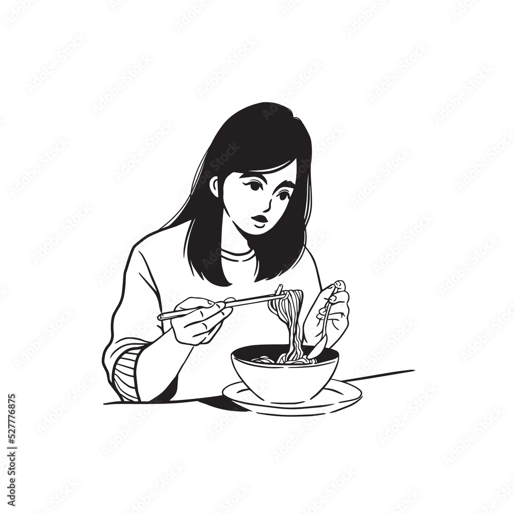 Fototapeta premium Line drawing young woman eating noodle. minimalism design with simplicity hand drawn.