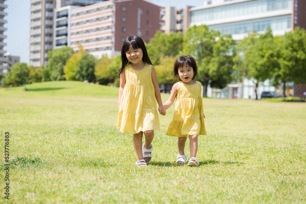 夏の芝生の公園を手を繋いであるく小さな女の子 夏の芝生の公園を手を繋いであるく小さな女の子