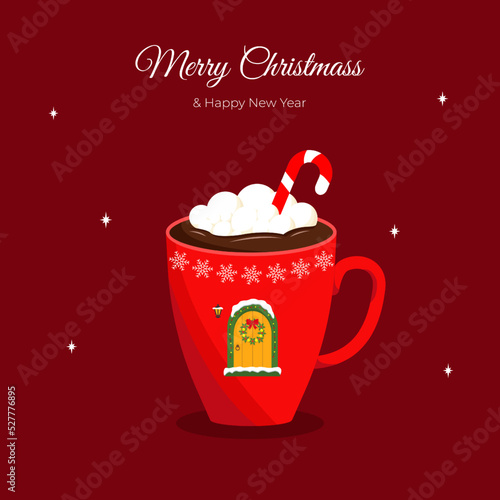 Christmas, Hew Year greeting card, invitation with mug of hot chocolate. Mug with candy, marshmallows, christmas wreath, lantern, door. Vector illustration.