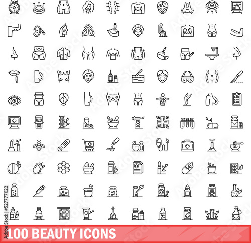 100 beauty icons set. Outline illustration of 100 beauty icons vector set isolated on white background