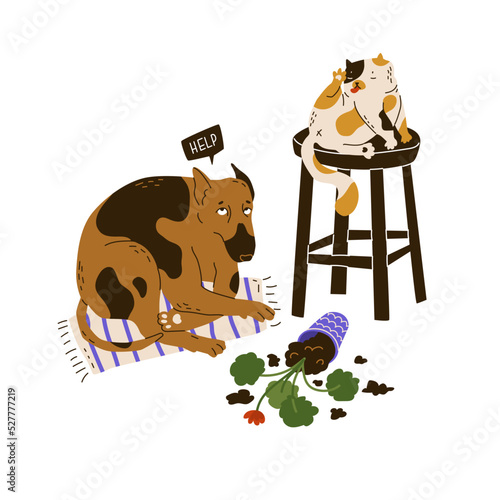 The cat threw a plant in a pot on the floor and washes. The dog cowardly sits on the rug. Social relationships, abuse, humiliation and disrespect for a partner.  Flat style in vector illustration.