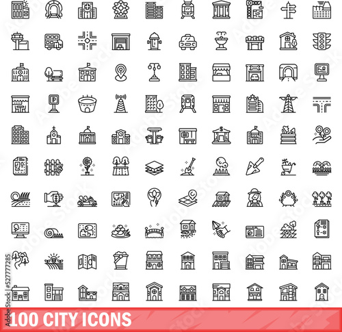 100 city icons set. Outline illustration of 100 city icons vector set isolated on white background photo