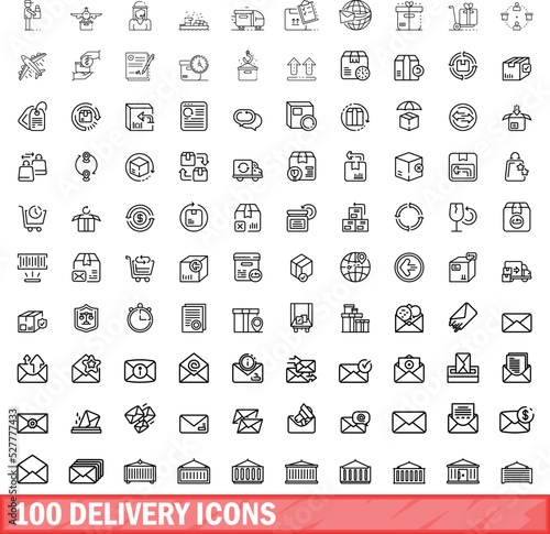 100 delivery icons set. Outline illustration of 100 delivery icons vector set isolated on white background