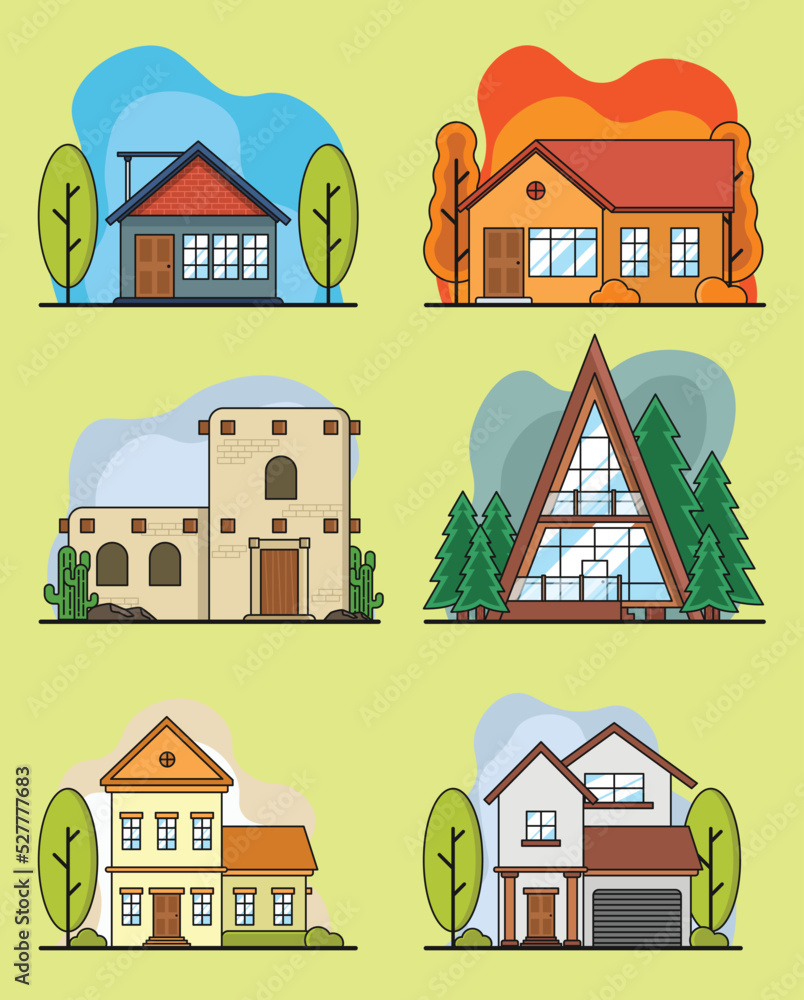Set of suburban residential houses collection, Modern Flat Isolated vector illustration