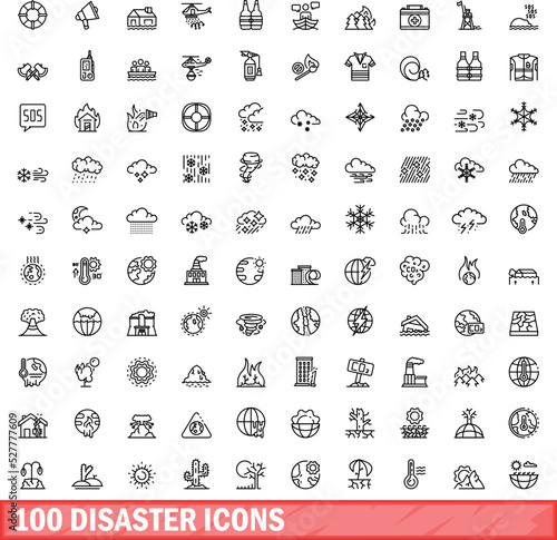 100 disaster icons set. Outline illustration of 100 disaster icons vector set isolated on white background