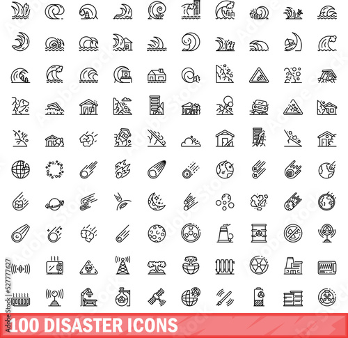 100 disaster icons set. Outline illustration of 100 disaster icons vector set isolated on white background